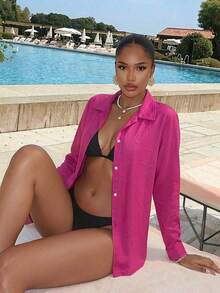 Vaytide Solid Color Beach Cover-Up Kimono - Hot Pink - View 1