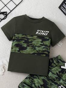 SHEIN Playful Pals 2件組 幼童男童休閒深綠色夏季城市度假字母印花短袖T恤與鬆緊腰長褲套裝 嬰兒男童服飾 - 綠色 - 查看 9