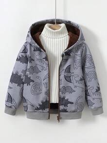 SHEIN 這款恐龍多色印花抓絨內裡連帽夾克是時尚與舒適的完美結合，專為活潑好動的兒童設計。夾克採用繽紛的恐龍印花設計，充滿童趣與活力 - 灰色 - 查看 1
