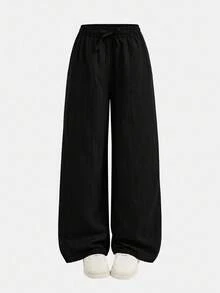 SHEIN Comfortable Long Black Pants For Tween Girls Designed Everyday Wear Wide Leg Loose Baggy Teen Fall Winter - Black - View 5