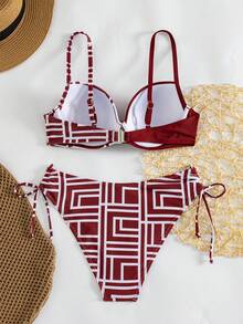 Swim Lushoire 女款夏季海灘幾何印花細肩帶性感比基尼三角內褲兩件式泳衣套裝 - 彩色 - 查看 2