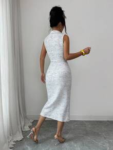 Selianne Standard Size Elegant Women's Tweed Deep V-Neck Sleeveless Lapel Collar Slim Fit Mature Commute Business Casual Semi-Formal Wedding Guest Company Annual Meeting Small Evening Party Elegant Date Afternoon Tea Best Friend Gathering Exhibition Visit Spring Autumn Daily Street Wear Light Travel New Dress - Multicolor - View 4