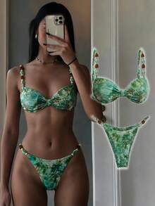 Elavelle Women's Spring/Summer Random Print Spaghetti Strap Beaded Decor Ruched Bikini Set Beach Vacation Green Tropical Sexy - Multicolor - View 5
