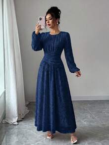 Modelyn 女款夏季雪紡蝴蝶印花抓皺圓領長袖洋裝 - 藍色 - 查看 3