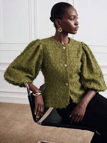 SHEIN Zanirela Women's Olive Green Puff Sleeve Cover Up, Textured Jacquard Fabric Open Front Top, Spring/Summer Elegant Loose Round Neck Top, Beach Dinner Office - Green - View 2