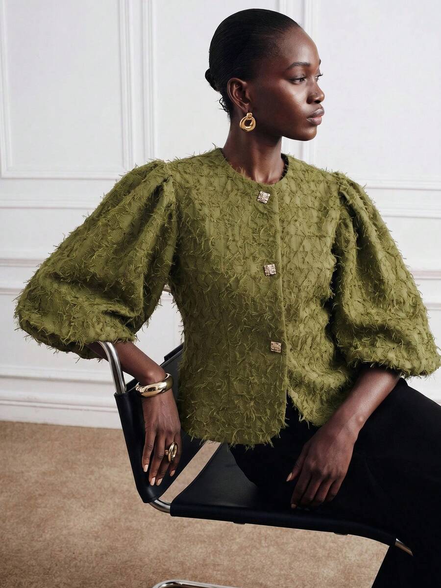 SHEIN Zanirela Women's Olive Green Puff Sleeve Cover Up, Textured Jacquard Fabric Open Front Top, Spring/Summer Elegant Loose Round Neck Top, Beach Dinner Office