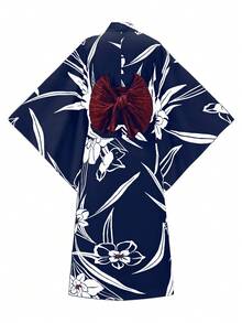 Irokai 日式女款傳統印花浴衣和服兩件式夏季祭典裝 - 寶藍色 - 查看 2