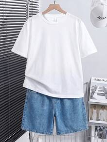SHEIN 青少年男孩白色圓領短袖T恤與牛仔短褲，夏季休閒套裝，街頭風青少年男孩度假生日派對日常穿著 - 白色 - 查看 8