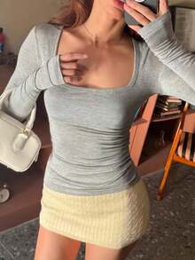 Sundraya 女款多功能長袖方領底層T恤，灰色 - 淺灰色 - 查看 1