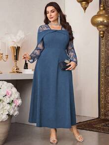 Modelyn Elegant Solid Color Contrast Lace Long Sleeve Cinched Waist A-Line Regular Fit Plus Size Dress For Spring And Autumn - Blue - View 4