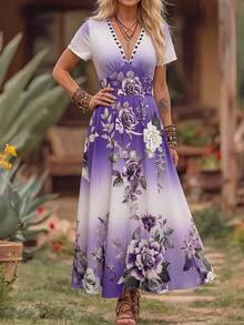 SHEIN Regular Women's Niche Design Short Sleeve Mid-Length Dress, Deep V-Neckline Design, 3D Floral Effect Fabric, Rendered Floral, Colorful Floral, Fitted Slim Top, Loose A-Line Umbrella Skirt Silhouette, Fashionable Elegant, Comfortable Casual, Casual Vacation, Suitable For Dates, Friends Gatherings, Family Meetings, Fashionable Casual - Multicolor - View 5