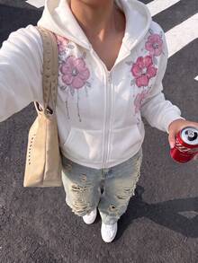 Fall Winter Girls' Floral Print Hooded Zip-Up Jacket - Colorblock Letter Print Street Style Back To School Warm Knit Fabric Suitable For Fall Winter S - Multicolor - View 5