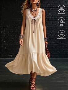 SHEIN Holidaya Goddess Statue New Spring/Summer White Long Lace Elegant Boho Vacation Commute Long Dress - Apricot - View 8