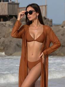 Swim Vcay 女款素色長版和服式罩衫，適合海灘度假與休閒穿著 - 摩卡棕 - 查看 1