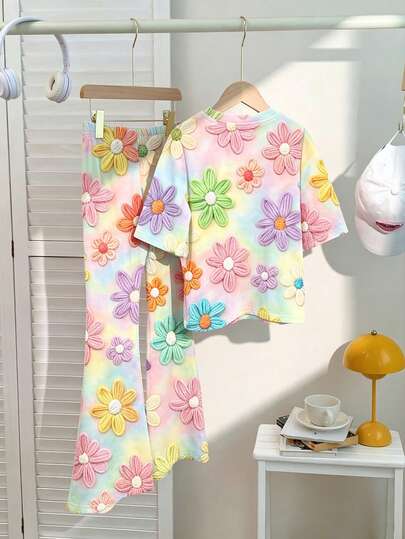Young Girl Casual Simple Cute Fun Textured Floral Print, Short Sleeve Long Pants 2-Piece Set Suitable For Summer, Graphic, Cozy, Girls Outfit Sets, Y2K, Vintage, Vacation