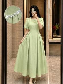 Modelyn Spring/Summer Solid Color Round Neck Short Sleeve Beaded Women's Dress Tea Party Light Green Elegant - Green - View 4