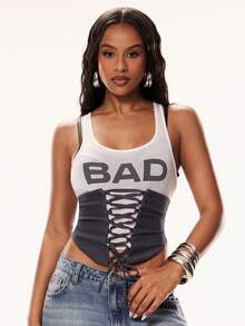 Denimoi Summer Fashion Colorblock Patchwork Criss-Cross Tie Letter Print Tank Top - Grey - View 4