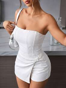SHEIN PETITE 女款純色抓皺不對稱下擺無袖牛仔連身褲，適合嬌小女性 - 白色 - 查看 7