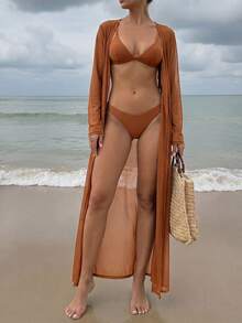 Swim Vcay 女款素色長版和服式罩衫，適合海灘度假與休閒穿著 - 摩卡棕 - 查看 3