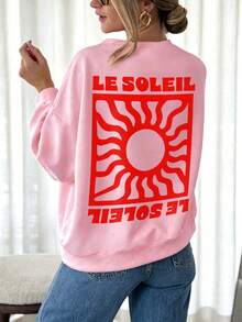 DrmWander Plus Size Casual Vacation Applique Letter Print Crew Neck Long Sleeve Sweatshirt - Pink - View 9