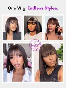 ALL READY WIG Glueless Brown Straight Bob Wigs With Bangs 2x4 Transparent Lace Closure Wigs Human Hair Lace Front Wigs Pre Cut Lace With Bangs Silky Wear & Go Beginner Friendly - S4 - View 3