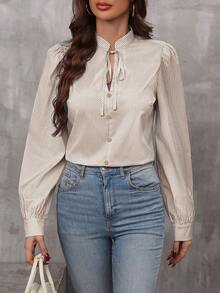 SHEIN LUNE 女士竖条纹印花泡泡袖衬衫、长袖上衣 - 卡其色 - 查看 3