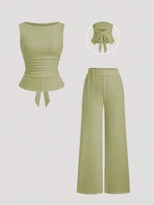Sweetra Spring/Summer New Boat Neck Pleated Flared Sleeve Top T-Shirt And Flared Pants 2 Pieces Set, Suitable For Commuting, Outing, All-Match Versatile - Olive Green - View 1