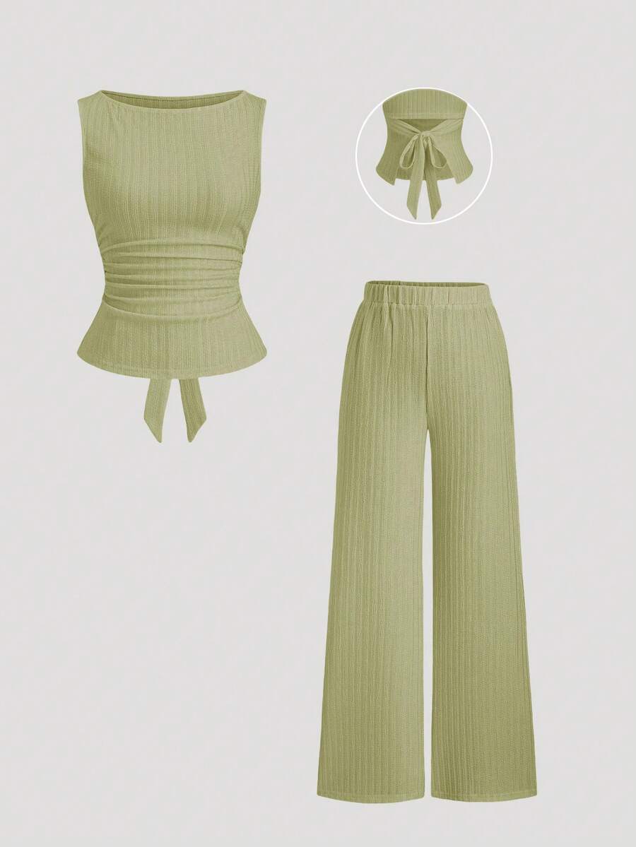 Sweetra Spring/Summer New Boat Neck Pleated Flared Sleeve Top T-Shirt And Flared Pants 2 Pieces Set, Suitable For Commuting, Outing, All-Match Versatile - Olive Green - View 1