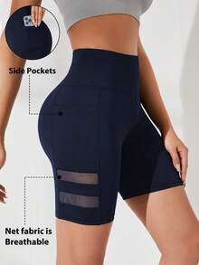 Dewbera Dewbera Mesh Patchwork High Waist Seamless Athletic Shorts (With Pockets) - Navy Blue - View 3