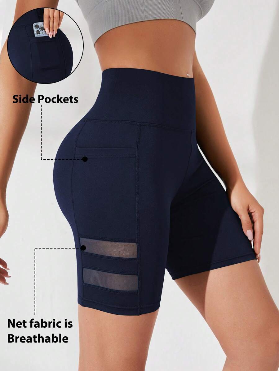 Dewbera Dewbera Mesh Patchwork High Waist Seamless Athletic Shorts (With Pockets) - Navy Blue - View 1