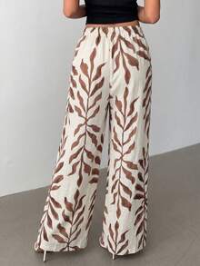 Rafferiza Black And White Herringbone Pattern Elastic Cinched Waist-Up Women's Casual Wide Leg Long Pants - Multicolor - View 2