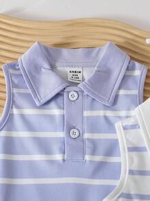 SHEIN Playful Pals 2pcs Baby Girl Summer Striped Lapel Strap Dress - Multicolor - View 4