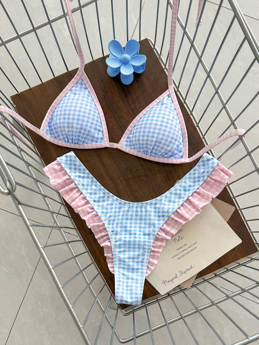 Swim Mod Conjunto de bikini multicolor para vacaciones dulces de mujer, diseño con cuello halter y volantes, adecuado para vacaciones en la playa - Multicolor - Ver 1