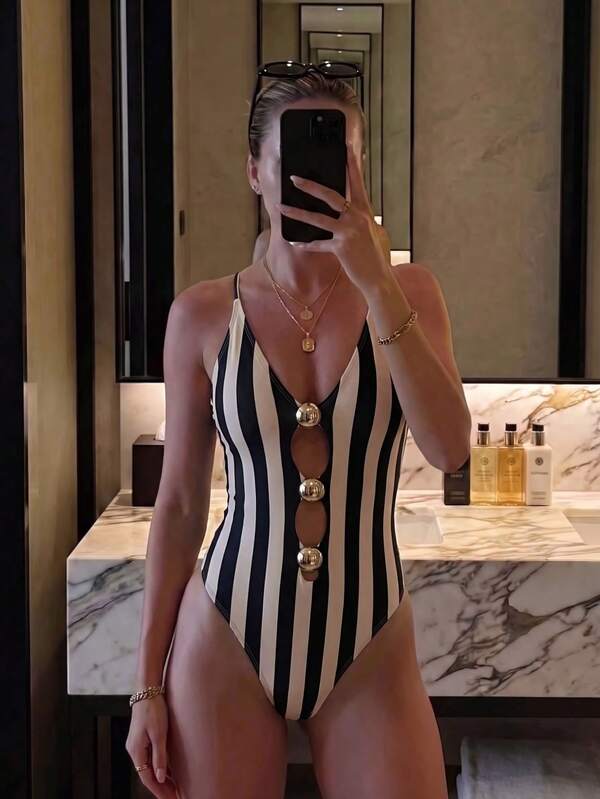 Swim Vcay Traje de baño de una pieza premium para mujer, primavera/verano/otoño, casual elegante para playa, vacaciones, y aguas termales, a rayas, sexy, espalda descubierta, anudado, con aberturas, tirantes cruzados y textura de bolas