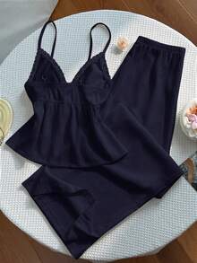 SHEIN Unity Conjunto de pantalones de pierna ancha versátil para ir al trabajo y vacaciones, con tela texturizada, patchwork y ribete de encaje, estilo Y2K - Azul Marino - Ver 2