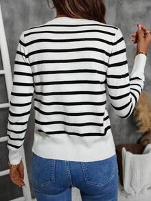 SHEIN 春秋休闲拼色条纹长袖开衫、长袖上衣 - 彩色 - 查看 2