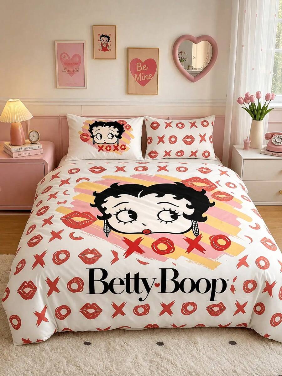 Betty Boop X Joivida Betty 2/3件組 100%聚酯纖維 奶油般柔軟舒適透氣面料,全夜舒適寢具 (被套 + 1/2個枕套,不含被芯),四季通用現代聚酯纖維寢具系列 - 彩色 - 查看 1