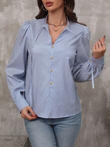 SHEIN LUNE 条纹印花系带灯笼袖衬衫、长袖上衣 - 藏蓝色 - 查看 3