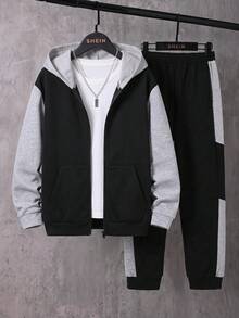 SHEIN 兒童青少年男孩休閒學院風拼色連帽外套，舒適梭織布料，適合學校、花園、海灘、生日，春夏秋冬四季穿著，黑色、棕色 - 黑色 - 查看 6