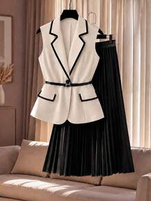 Formidée Plus Size Women Spring/Summer Contrast Trim Blazer Vest + High Waist Pleated Skirt Set, Premium Commuter Elegant Two Pieces Outfit - Multicolor - View 3