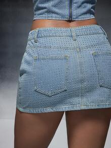 Denimoi Summer Casual Rhinestone Decorated Mini Denim Skirt, Going Out, Concert Mini Skirt - Light Wash - View 5