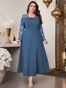 Modelyn Elegant Solid Color Contrast Lace Long Sleeve Cinched Waist A-Line Regular Fit Plus Size Dress For Spring And Autumn - Blue - View 7