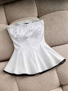 Selianne Elegant Sexy White Contrast Satin Bandeau Ruffle Hem Top, Summer Bar Party Golf Blouse, Wedding Guest, Formal Event, Daily Wear, Commute, Graduation - White - View 2