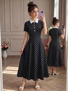 SHEIN 少女休閒復古通勤時尚 Polo 領撞色翻領短袖長洋裝 返校季童裝 - 黑與白 - 查看 7