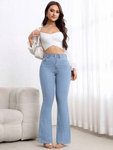 Flexra Petite Stylish Blue Flare Leg Jeans In Soft Denim Perfect For A Chic Casual Look ,Petite Women - Blue - View 5