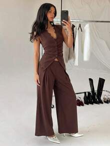 Siren Gaze Summer Women's Elegant Smart Casual Dark Brown Lace Trim Vest And Wide Leg Pant Two Pieces Outfit, Suitable For Office Brunch City Break, Work - Brown - View 11
