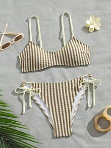 Swim Mod 女款條紋針織提花細肩帶打結休閒度假可愛比基尼套裝 - 彩色 - 查看 6