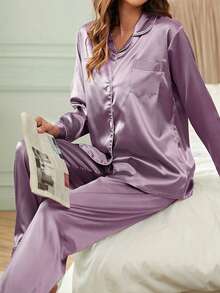 LuxeNights Contrast Binding Button Up Satin Pyjama Set - Mauve Purple - View 6