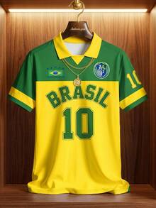 Aesthetic Post 復西隊風格黃綠拼色徽章印花足球短袖 Polo 衫，美國 BRASIL #10 印花翻領襯衫，男士圖案 T 恤，男士時尚休閒運動球衣上衣，足球，足球用品 - 彩色 - 查看 7