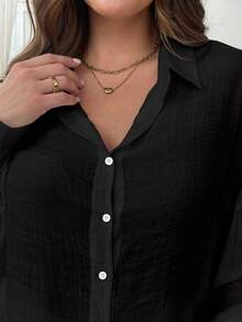 INAWLY Plus Size Casual Solid Color Button Front Shirt Fall Cloth For Women - Black - View 4
